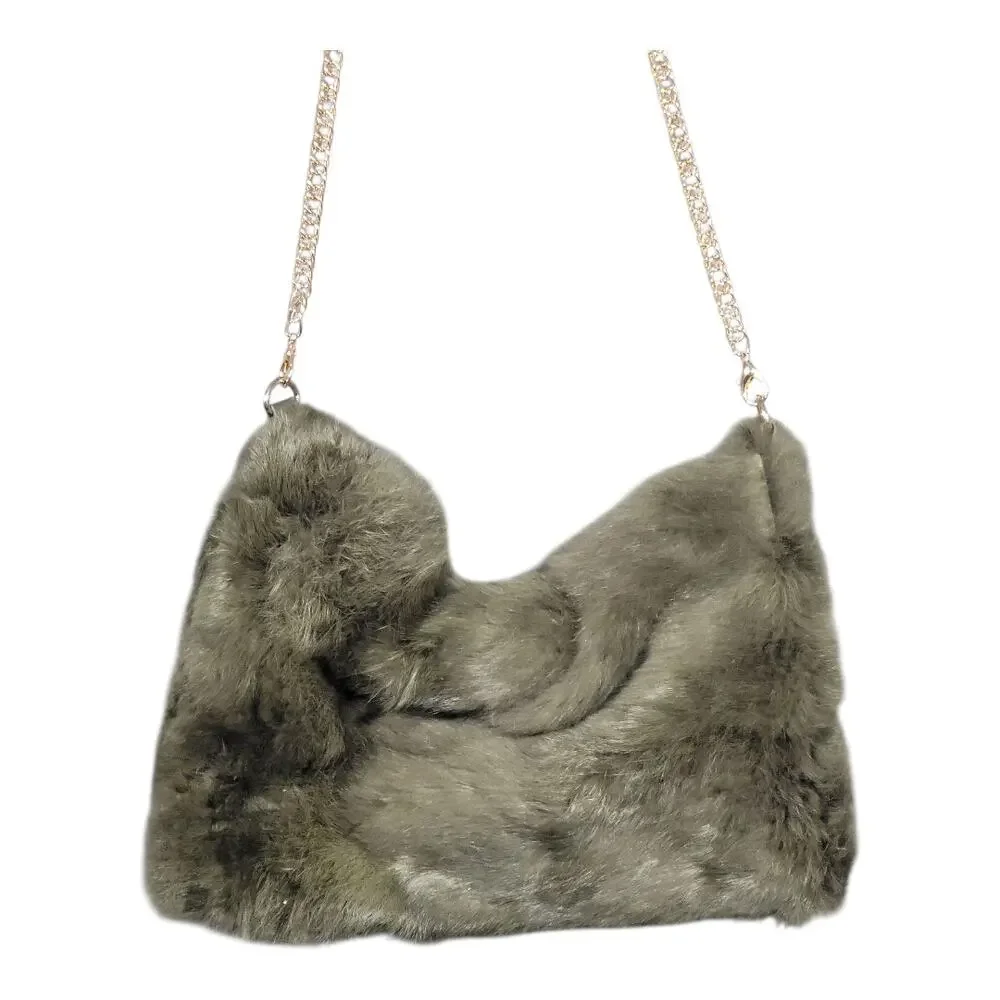 Faux Fur Shoulder Crossbody Bag with Gold Tone Chain Strap Winter Cozy Green‎
